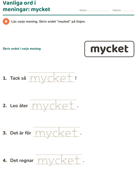 Förhandsvisning av Högfrekventa ord-arbetsblad för Förskoleklass