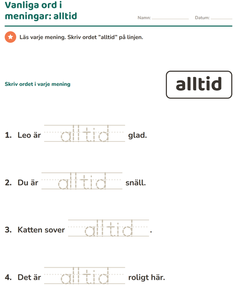 Förhandsvisning av Högfrekventa ord-arbetsblad för Förskoleklass