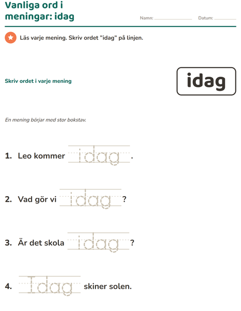 Förhandsvisning av Högfrekventa ord-arbetsblad för Förskoleklass