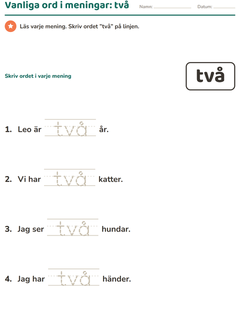 Förhandsvisning av Högfrekventa ord-arbetsblad för Förskoleklass
