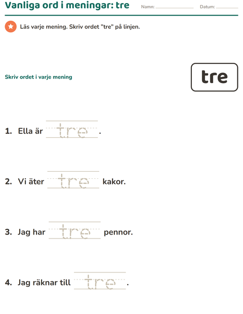 Förhandsvisning av Högfrekventa ord-arbetsblad för Förskoleklass