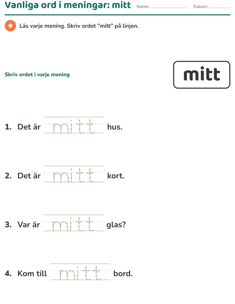 Förhandsvisning av Högfrekventa ord-arbetsblad för Förskoleklass