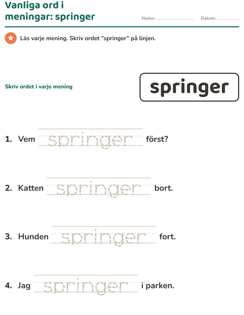 Förhandsvisning av Högfrekventa ord-arbetsblad för Förskoleklass