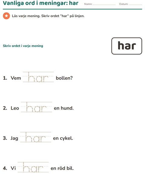 Förhandsvisning av Högfrekventa ord-arbetsblad för Förskoleklass