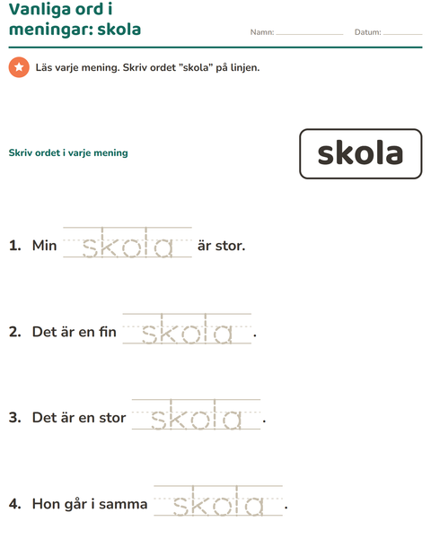 Förhandsvisning av Högfrekventa ord-arbetsblad för Förskoleklass