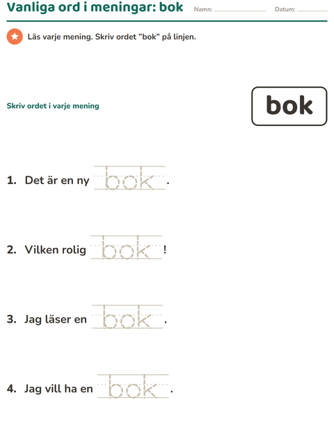 Förhandsvisning av Högfrekventa ord-arbetsblad för Förskoleklass