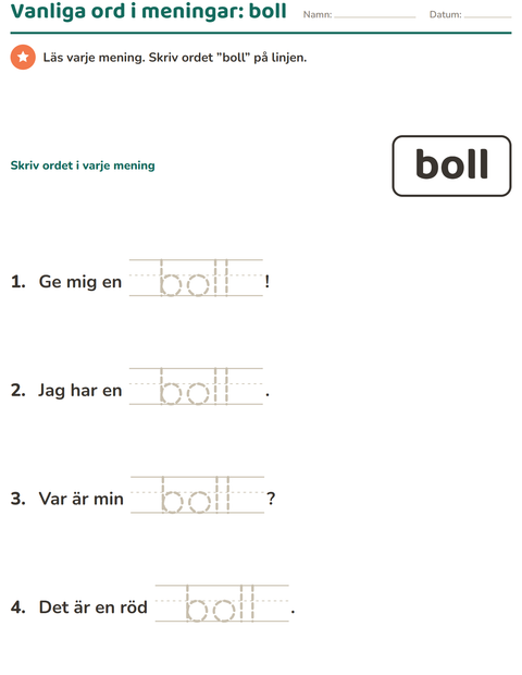 Förhandsvisning av Högfrekventa ord-arbetsblad för Förskoleklass