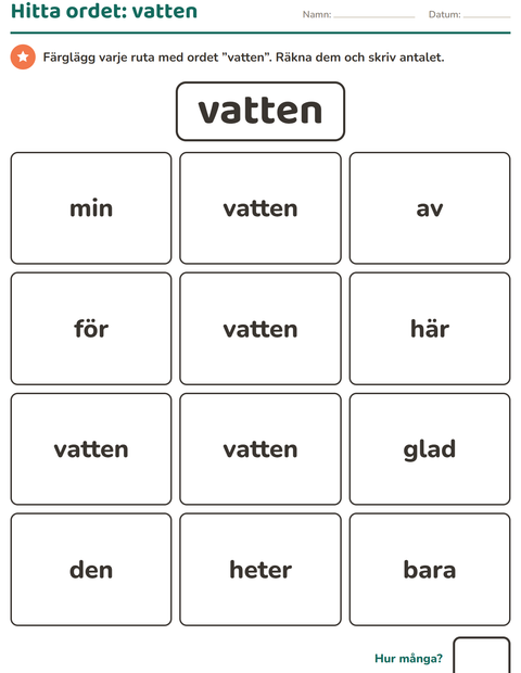Förhandsvisning av Högfrekventa ord-arbetsblad för Förskoleklass