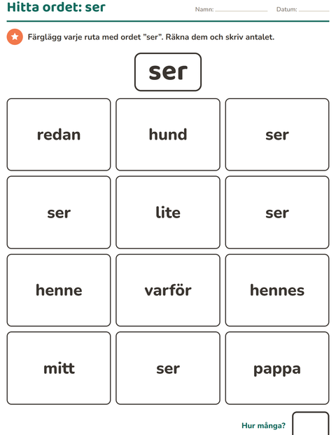 Förhandsvisning av Högfrekventa ord-arbetsblad för Förskoleklass