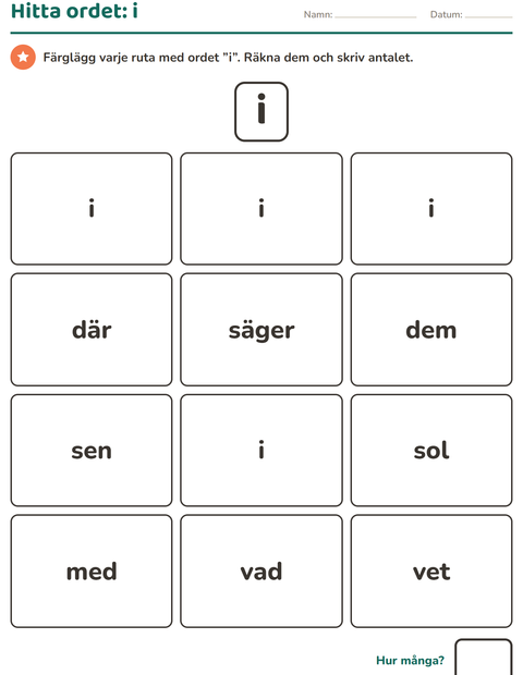 Förhandsvisning av Högfrekventa ord-arbetsblad för Förskoleklass