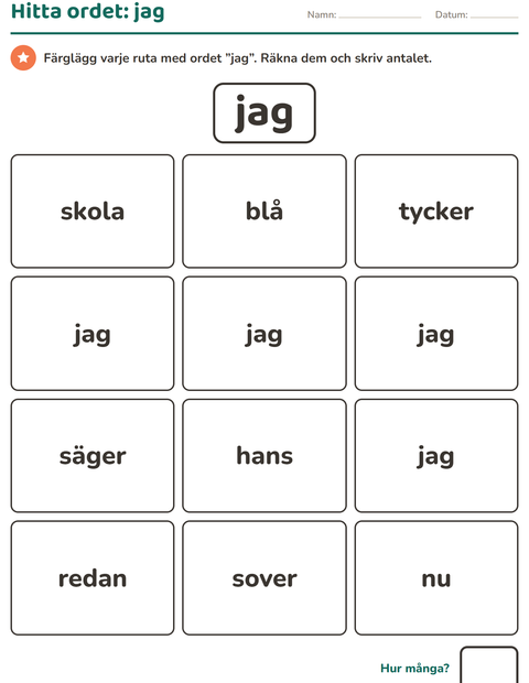 Förhandsvisning av Högfrekventa ord-arbetsblad för Förskoleklass