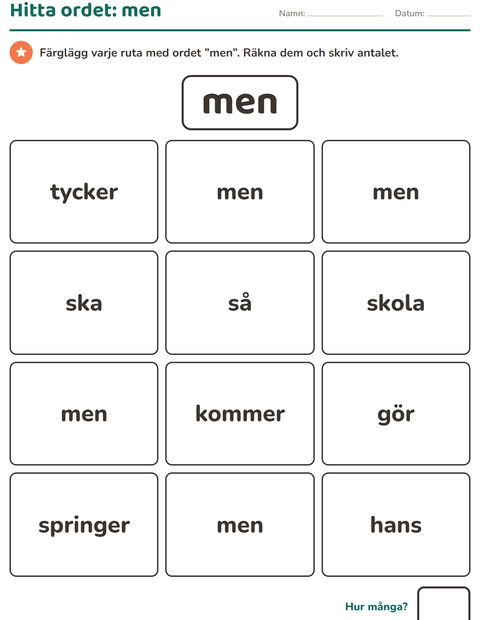 Förhandsvisning av Högfrekventa ord-arbetsblad för Förskoleklass