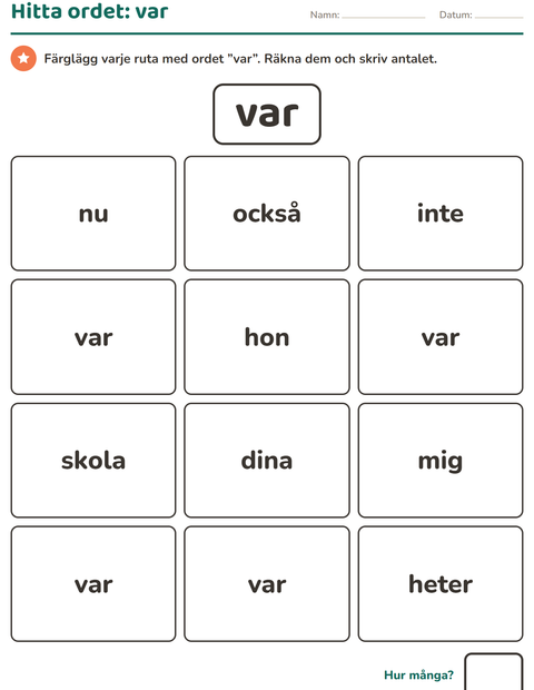 Förhandsvisning av Högfrekventa ord-arbetsblad för Förskoleklass