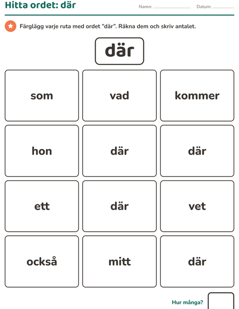 Förhandsvisning av Högfrekventa ord-arbetsblad för Förskoleklass