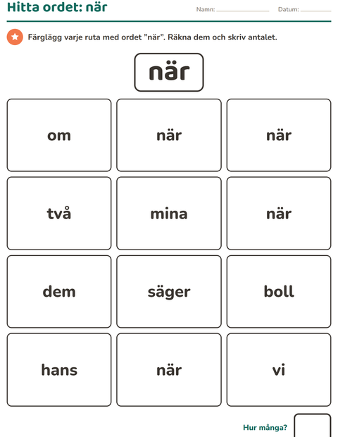Förhandsvisning av Högfrekventa ord-arbetsblad för Förskoleklass