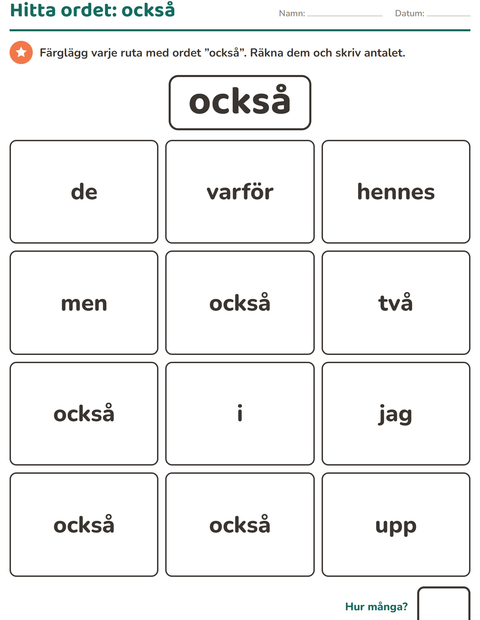 Förhandsvisning av Högfrekventa ord-arbetsblad för Förskoleklass