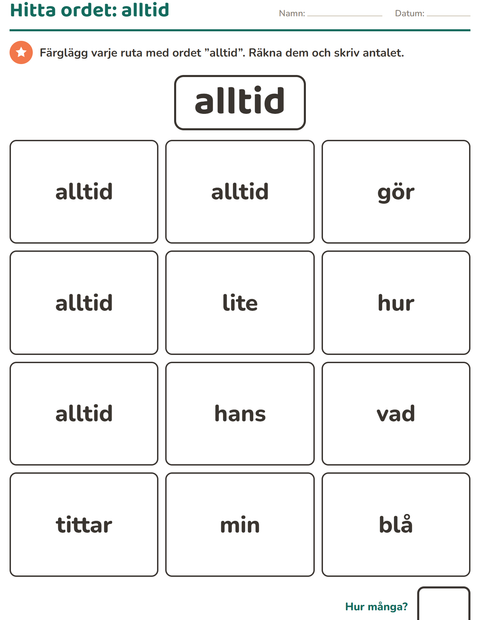 Förhandsvisning av Högfrekventa ord-arbetsblad för Förskoleklass