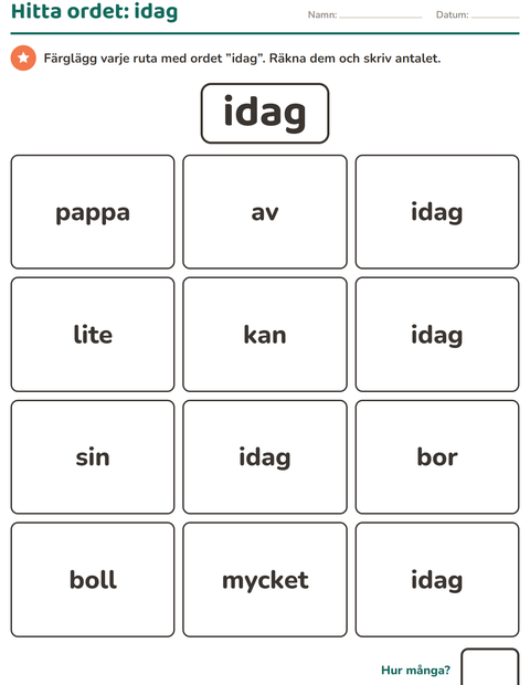 Förhandsvisning av Högfrekventa ord-arbetsblad för Förskoleklass