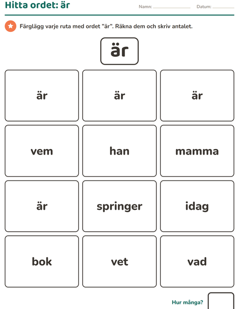 Förhandsvisning av Högfrekventa ord-arbetsblad för Förskoleklass