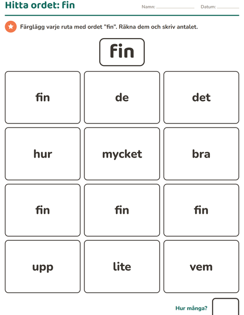 Förhandsvisning av Högfrekventa ord-arbetsblad för Förskoleklass