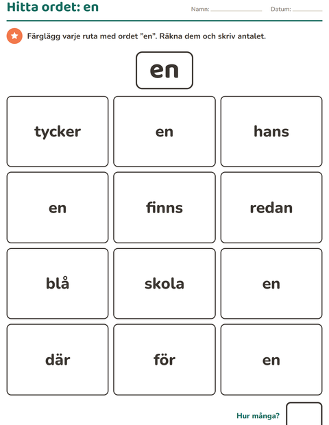 Förhandsvisning av Högfrekventa ord-arbetsblad för Förskoleklass