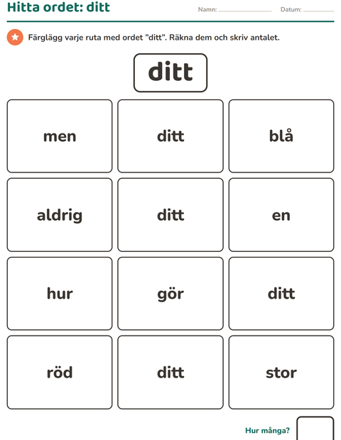 Förhandsvisning av Högfrekventa ord-arbetsblad för Förskoleklass