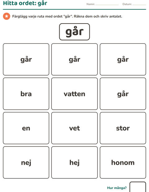 Förhandsvisning av Högfrekventa ord-arbetsblad för Förskoleklass