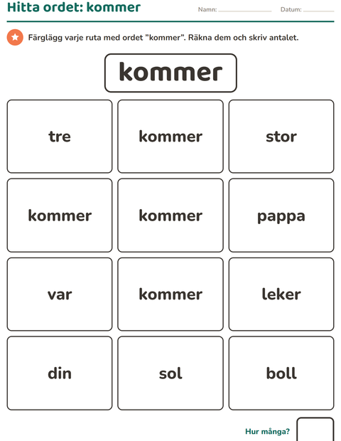 Förhandsvisning av Högfrekventa ord-arbetsblad för Förskoleklass