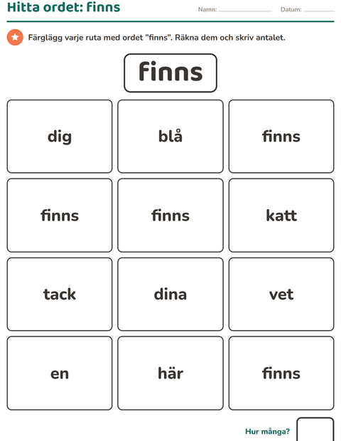 Förhandsvisning av Högfrekventa ord-arbetsblad för Förskoleklass