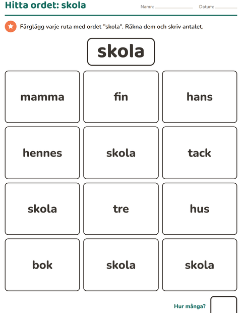 Förhandsvisning av Högfrekventa ord-arbetsblad för Förskoleklass