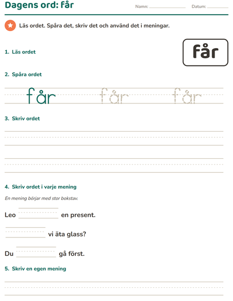 Förhandsvisning av Högfrekventa ord-arbetsblad för Förskoleklass