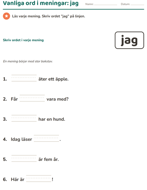 Förhandsvisning av Högfrekventa ord-arbetsblad för Förskoleklass