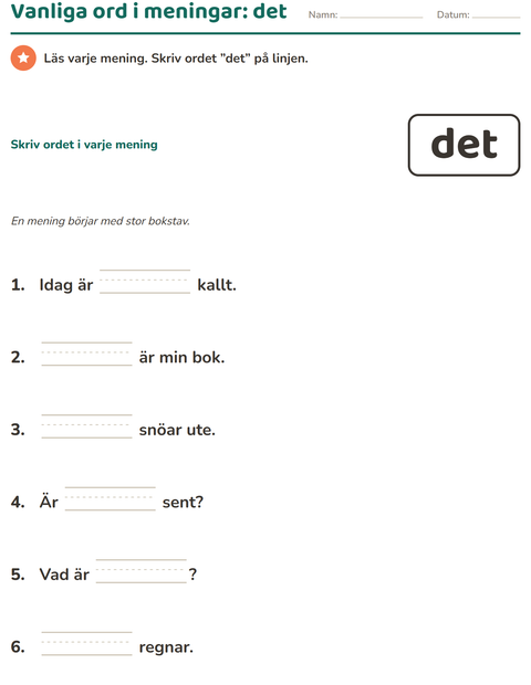 Förhandsvisning av Högfrekventa ord-arbetsblad för Förskoleklass