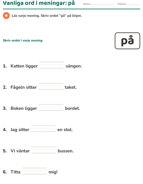Förhandsvisning av Högfrekventa ord-arbetsblad för Förskoleklass