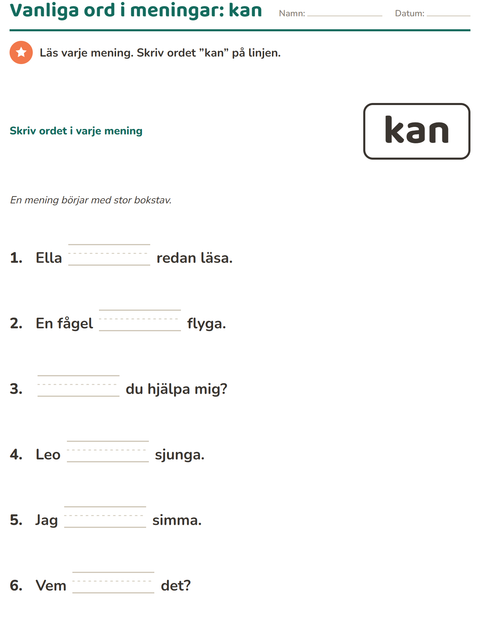 Förhandsvisning av Högfrekventa ord-arbetsblad för Förskoleklass