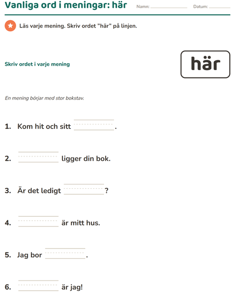 Förhandsvisning av Högfrekventa ord-arbetsblad för Förskoleklass