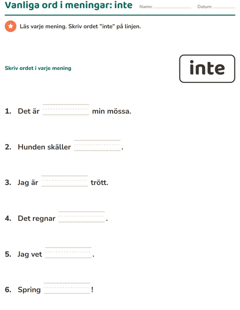Förhandsvisning av Högfrekventa ord-arbetsblad för Förskoleklass