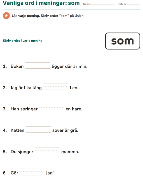 Förhandsvisning av Högfrekventa ord-arbetsblad för Förskoleklass
