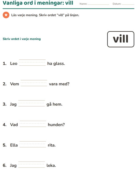 Förhandsvisning av Högfrekventa ord-arbetsblad för Förskoleklass