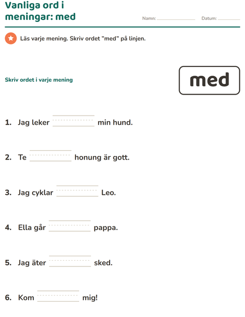 Förhandsvisning av Högfrekventa ord-arbetsblad för Förskoleklass