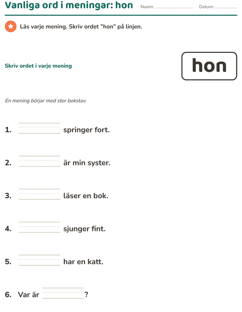 Förhandsvisning av Högfrekventa ord-arbetsblad för Förskoleklass