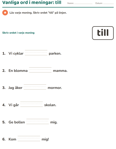 Förhandsvisning av Högfrekventa ord-arbetsblad för Förskoleklass