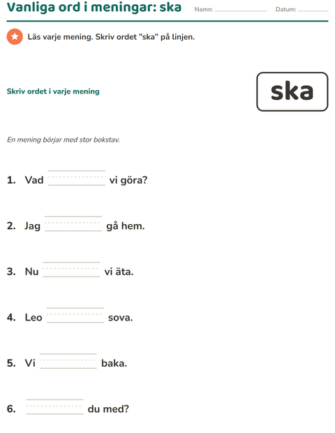 Förhandsvisning av Högfrekventa ord-arbetsblad för Förskoleklass