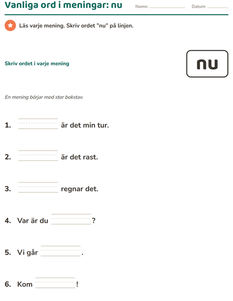 Förhandsvisning av Högfrekventa ord-arbetsblad för Förskoleklass