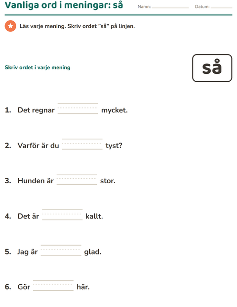 Förhandsvisning av Högfrekventa ord-arbetsblad för Förskoleklass