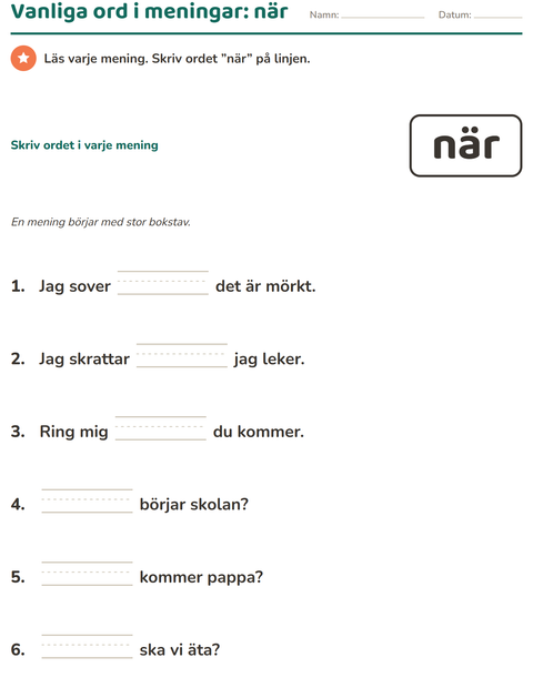 Förhandsvisning av Högfrekventa ord-arbetsblad för Förskoleklass