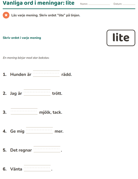 Förhandsvisning av Högfrekventa ord-arbetsblad för Förskoleklass