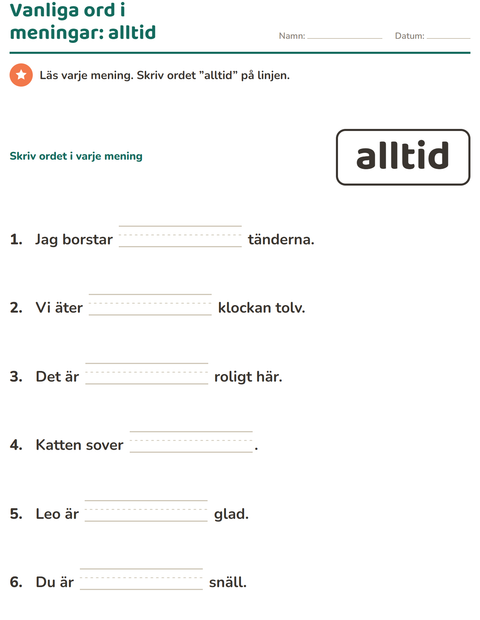 Förhandsvisning av Högfrekventa ord-arbetsblad för Förskoleklass