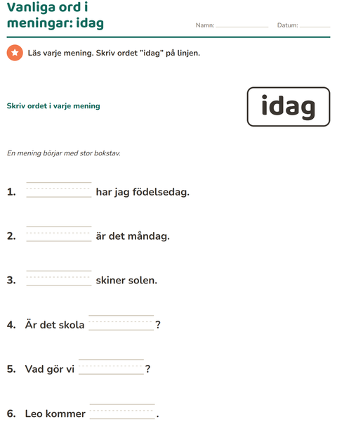 Förhandsvisning av Högfrekventa ord-arbetsblad för Förskoleklass