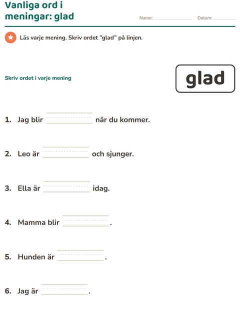Förhandsvisning av Högfrekventa ord-arbetsblad för Förskoleklass